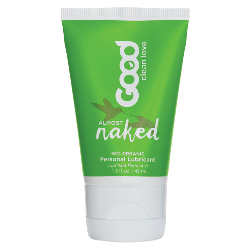 Green tube of 'Almost Naked' personal lubricant on a white background