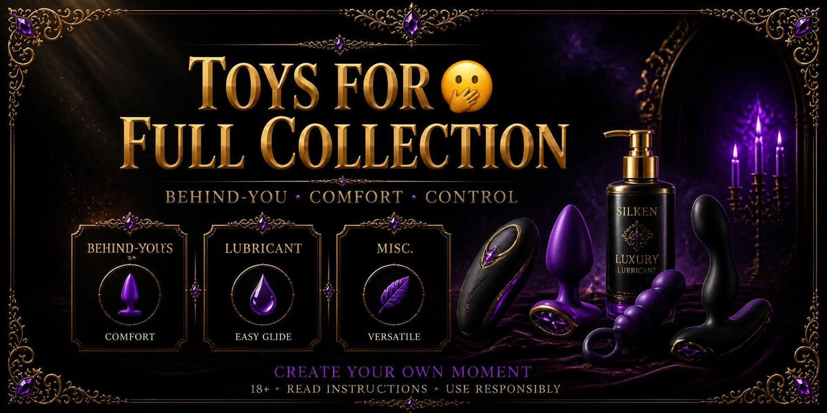 Promotional graphic for a 'Toys for Full Collection' featuring dark purple and black adult novelty items, including a pump bottle, a curved black device, and several purple accessories, arranged on a dark gothic background with decorative text and candle imagery.