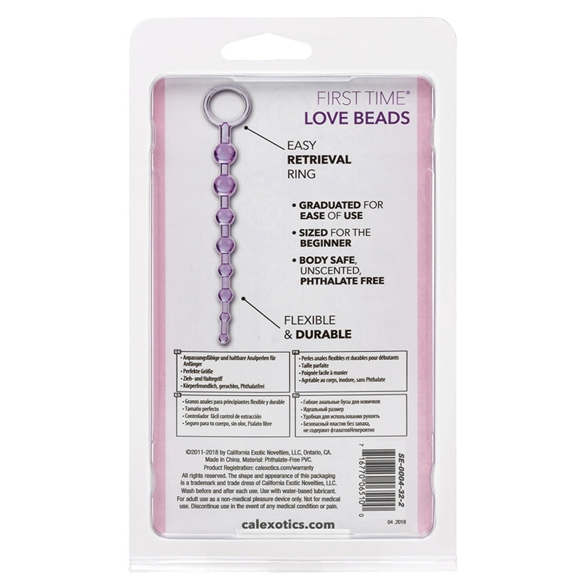 Package of 'First Time' love beads with purple ring on a white background