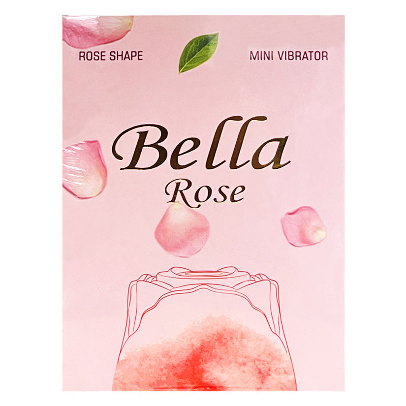 Bella Rose mini vibrator packaging with pink background and rose shape illustration.