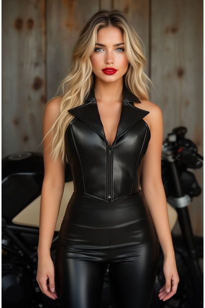 Woman wearing a black leather outfit with a motorcycle in the background