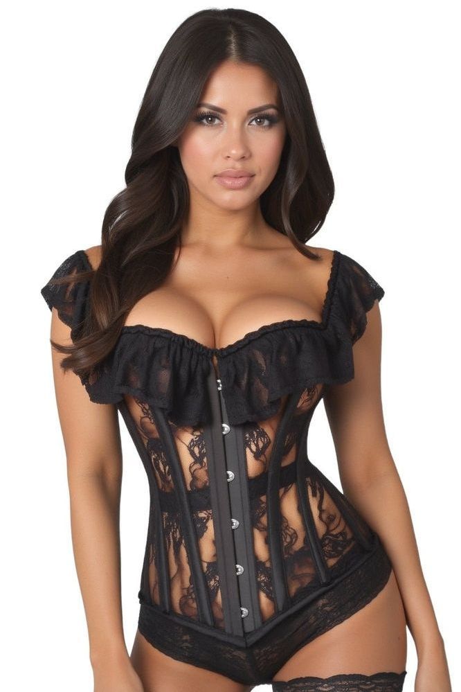 Black lace corset worn by a model on a white background