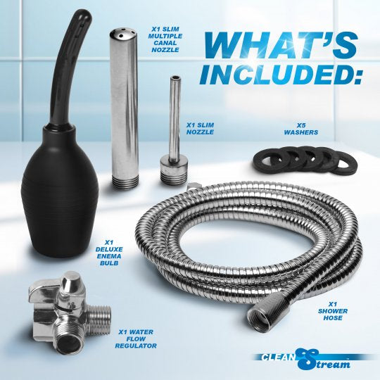 Gentle Stream enema kit with hose, nozzle, and accessories on a light blue background