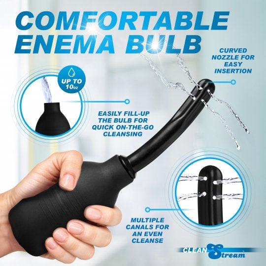 Black enema bulb with text highlighting features on a light blue background