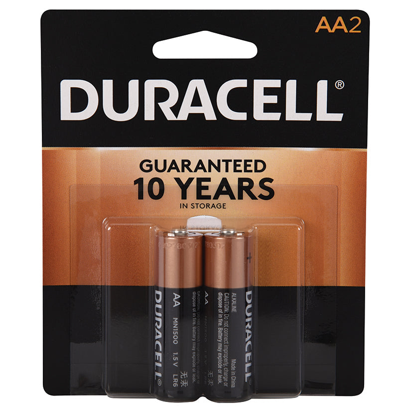Duracell AA batteries packaging with guaranteed 10 years storage text