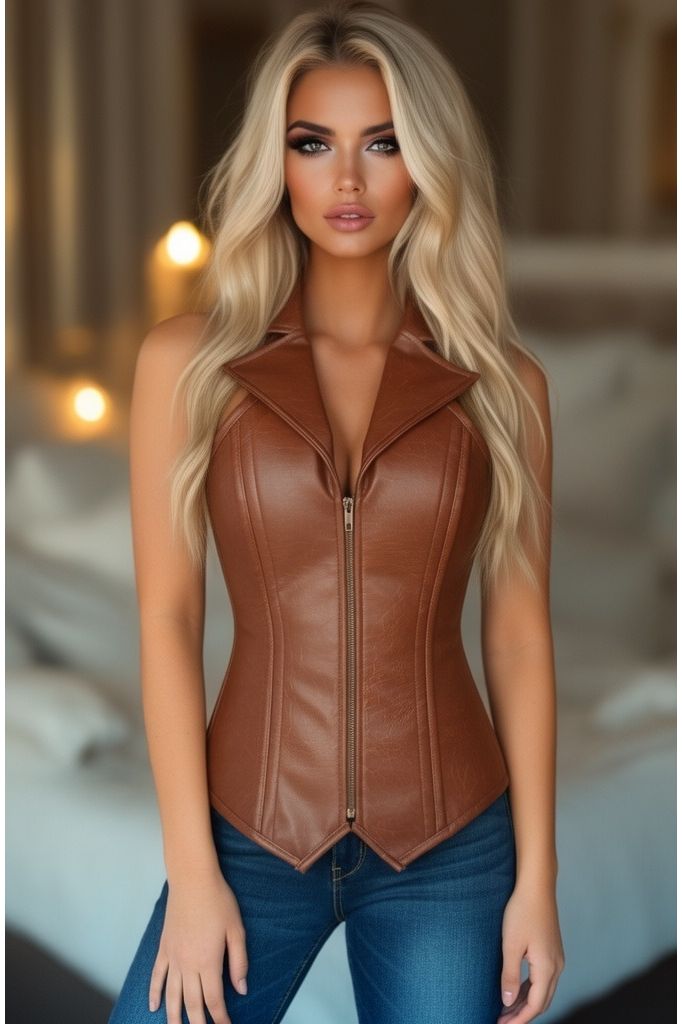 Woman wearing a brown leather vest with a blurred background