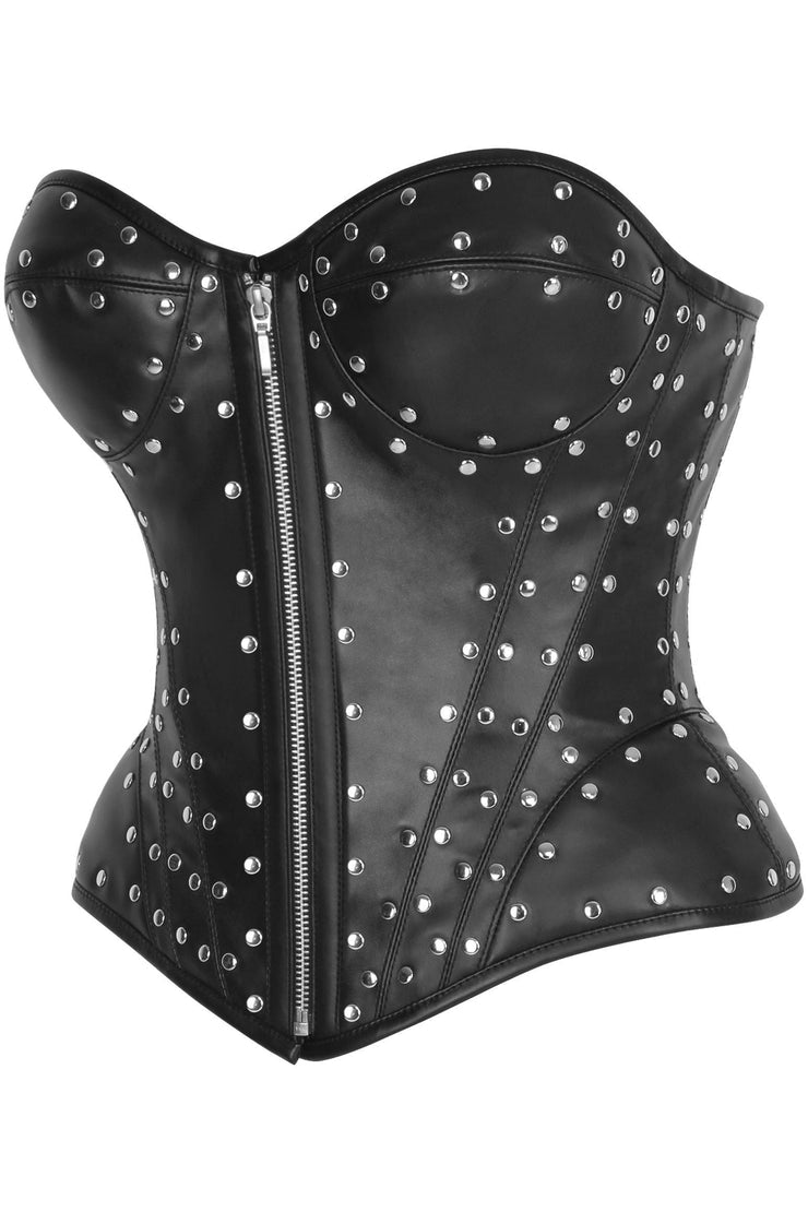 Black leather corset with silver studs and zipper on a white background