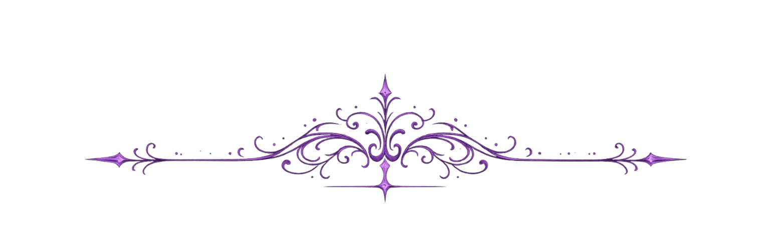 Purple ornamental scrollwork divider with decorative flourishes and arrow-like ends on a white background.