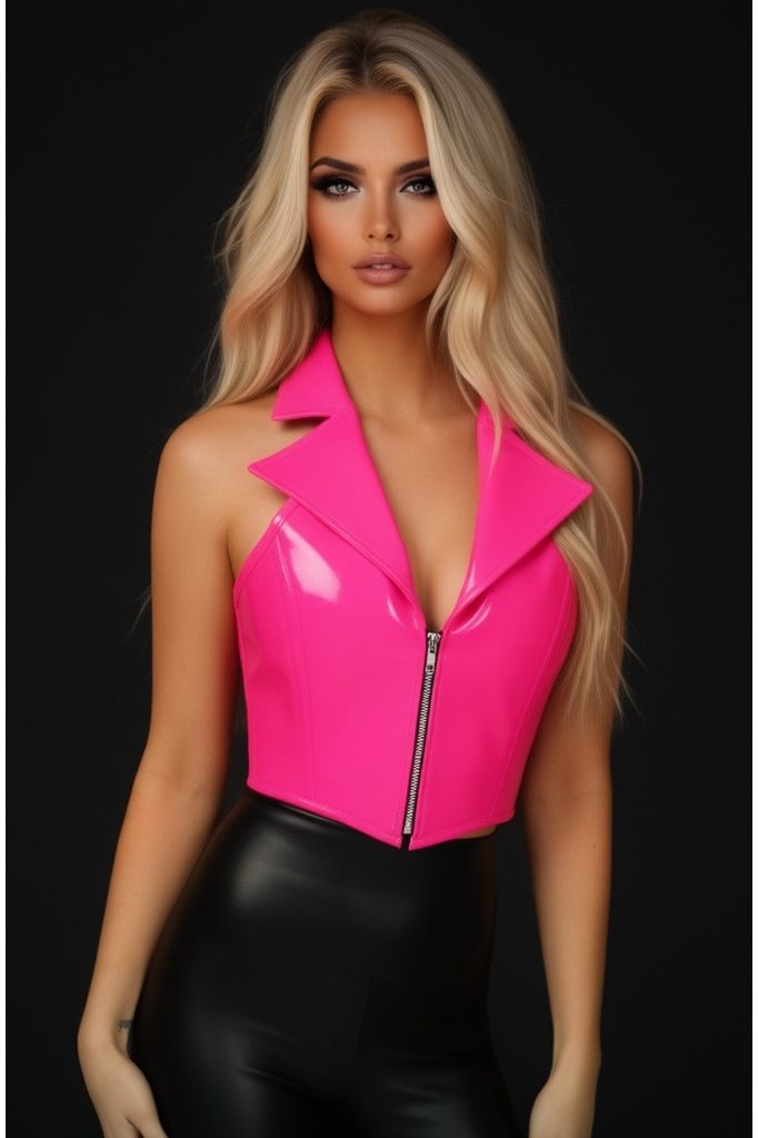 Woman wearing a bright pink vinyl top and black leather pants on a black background
