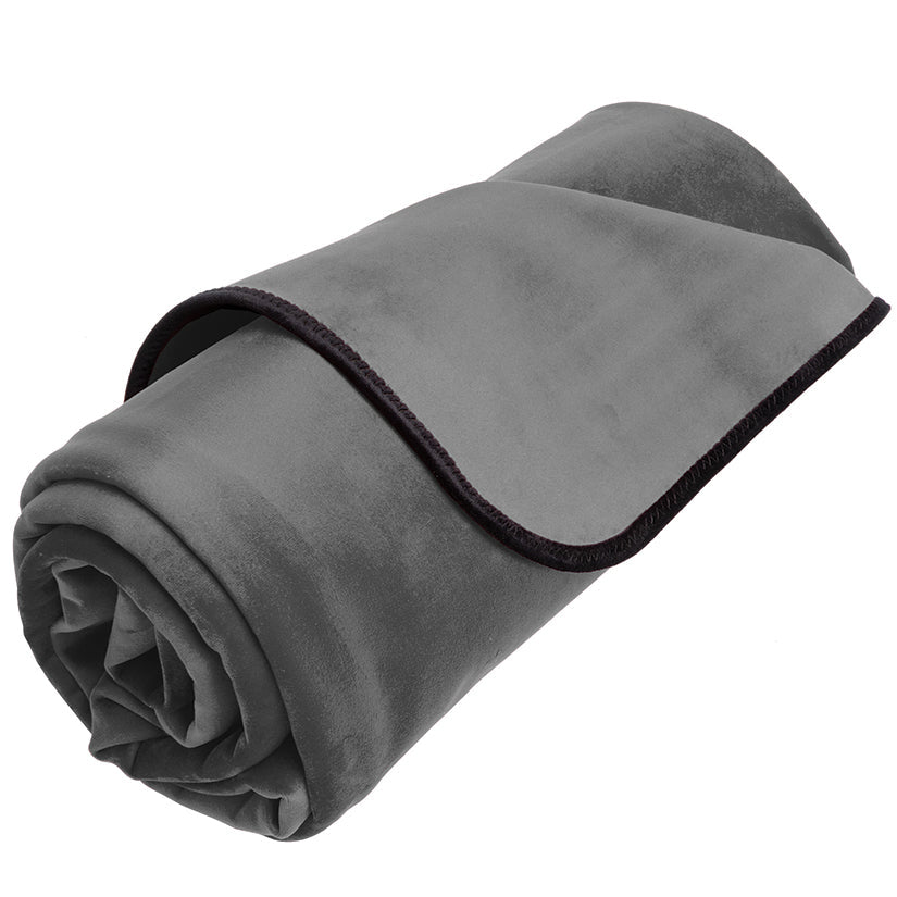 Folded gray blanket with black border on a white background
