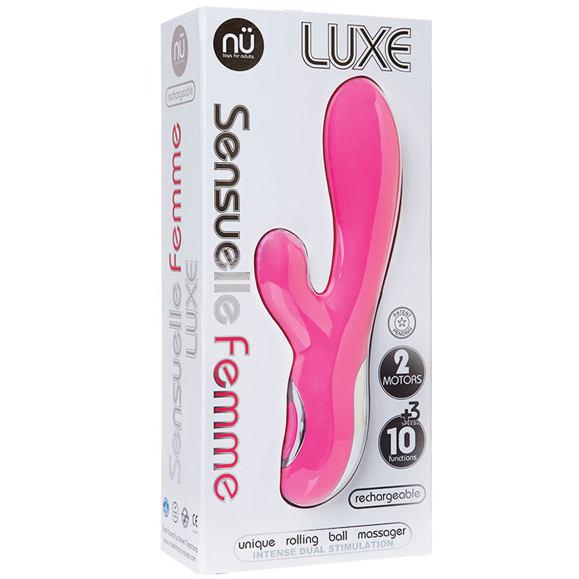Box of Sensuelle Femme Luxe rechargeable massager with pink product on white background