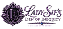 The logo for 'Lady Sif's Den of Inequity' featuring an ornate purple and black filigree emblem with a stylized 'L' on the left, and elegant purple script and serif text on the right, all set against a plain white background.
