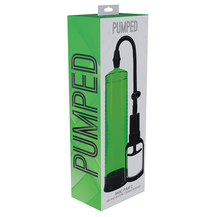 Green and white packaging of a 'Pumped' air pump on a white background