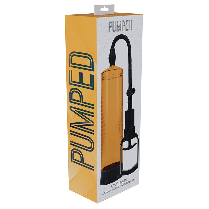 Box packaging of a 'Pumped' air pump with a yellow and white design.