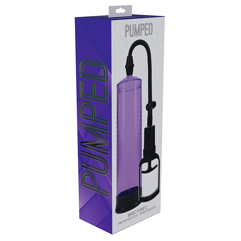 Purple pump with black accents in a 'Pumped' branded box on a white background