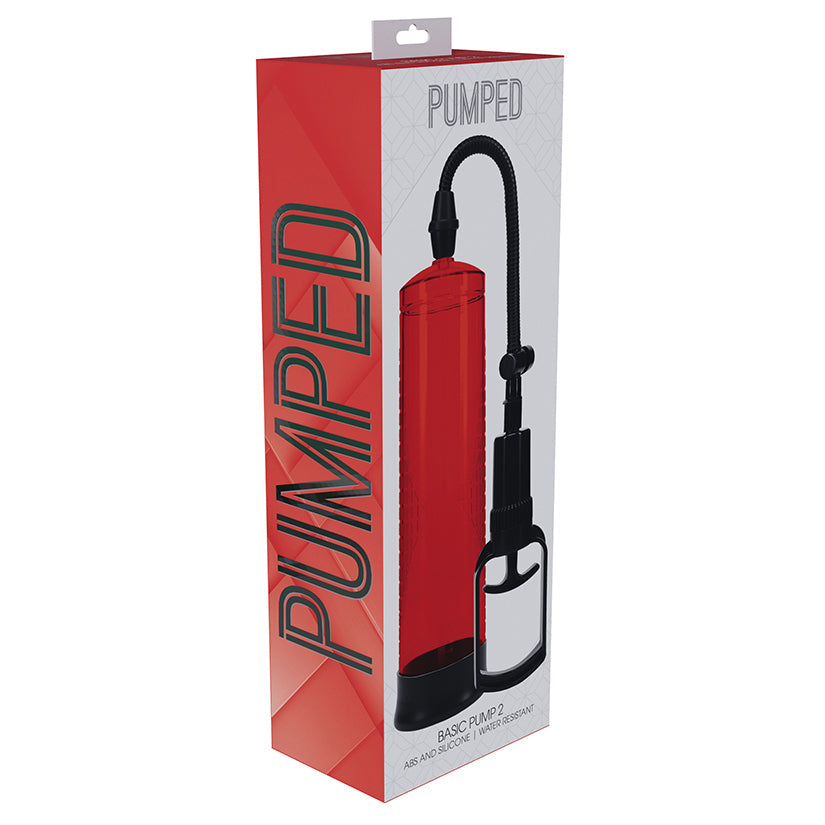 Red and black pump with 'Pumped' branding on packaging