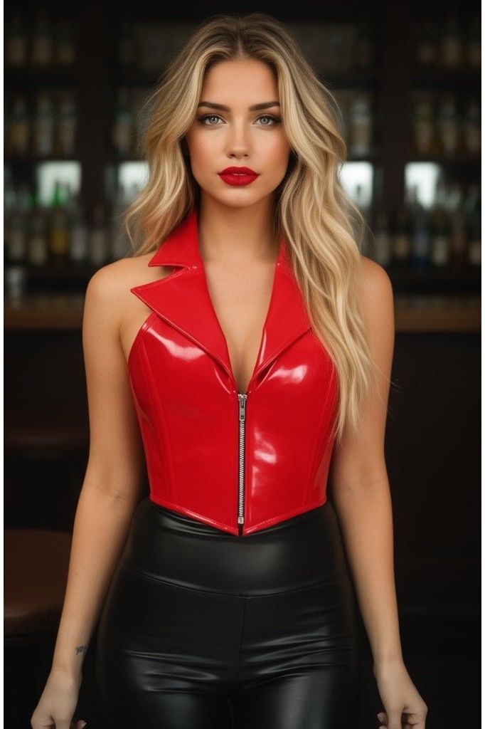 Woman wearing a red leather top and black pants in a bar setting