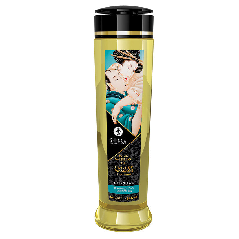Shunga sensual oil bottle with artistic label on a white background