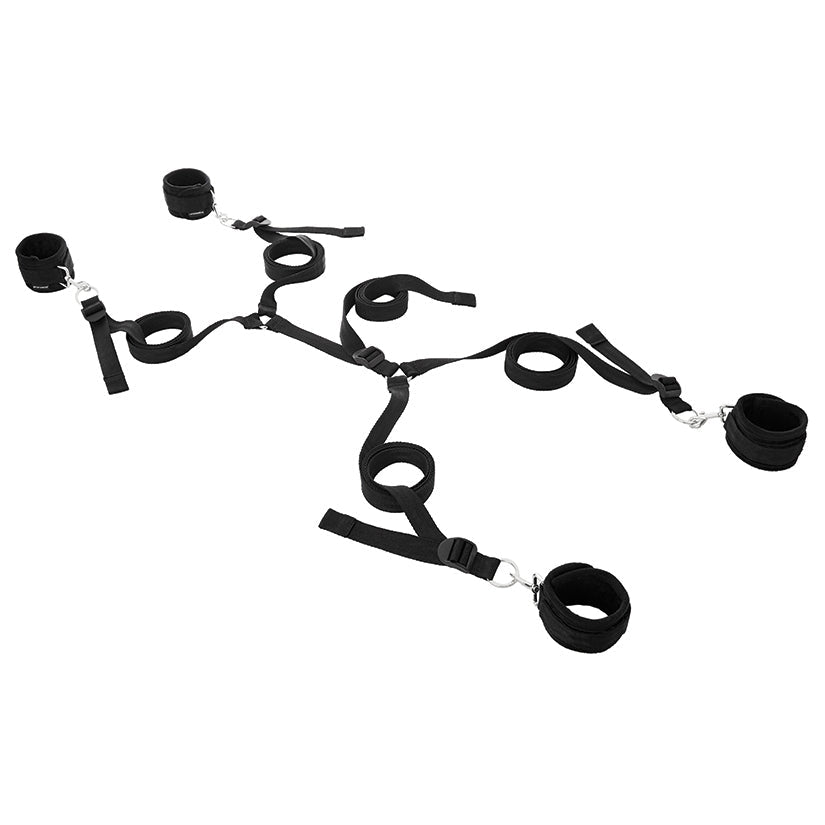 Black restraint straps on a white background