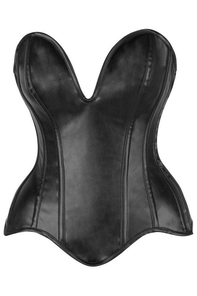 Steel Boned Black Faux Leather Plunge Neckline