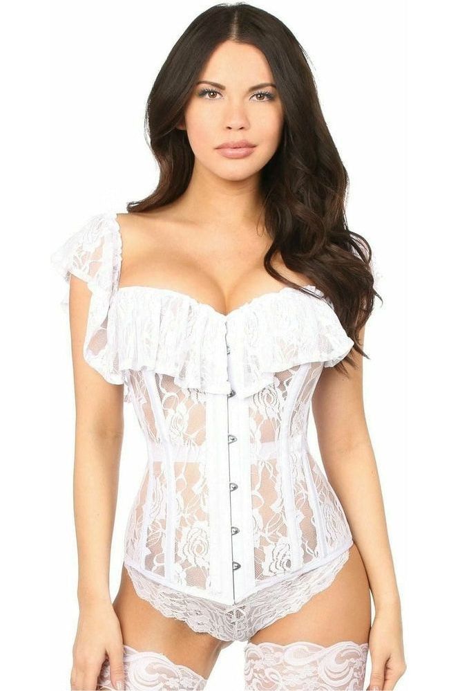 Woman wearing a white lace lingerie set on a white background