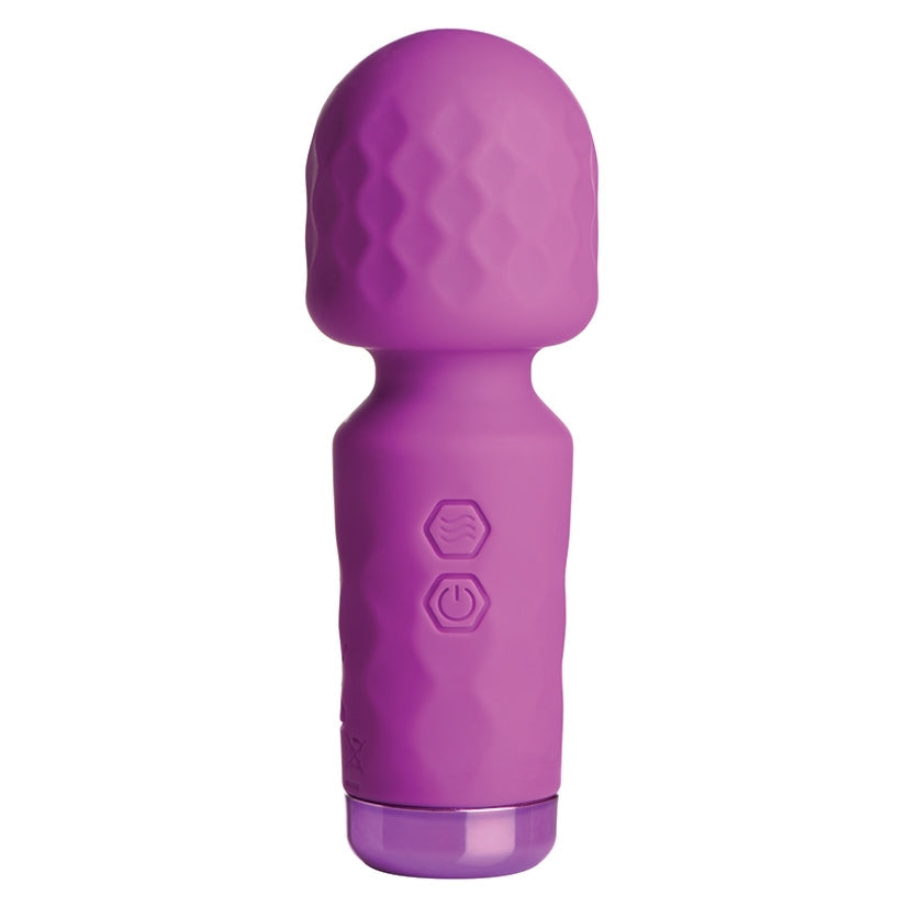 A purple handheld personal massager with a textured spherical head and a smooth handle, featuring two embossed icons on the front and a translucent purple base, shown against a plain white background.