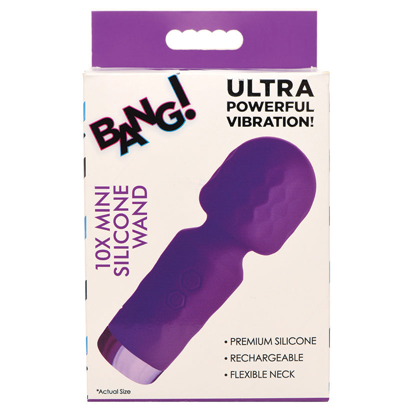 Purple silicone wand packaging with 'Bang!' branding on a white background