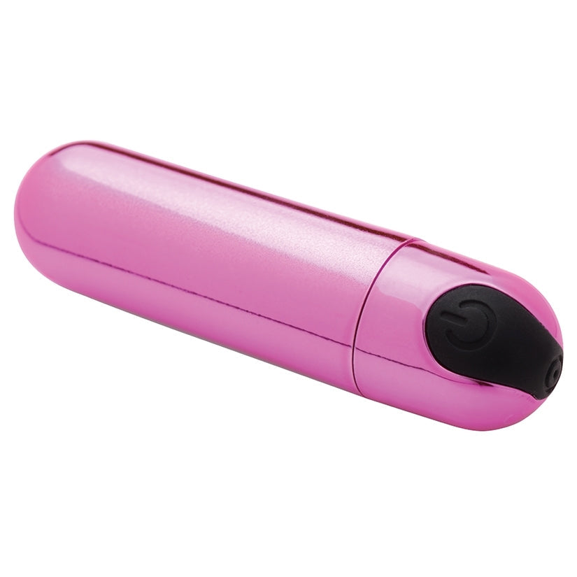 Pink cylindrical device with a black power button on a white background