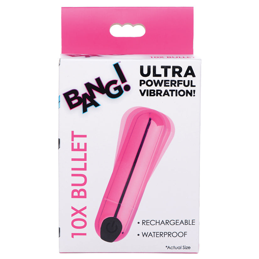 Pink packaging of a '10X Bullet' with branding and product features on a white background