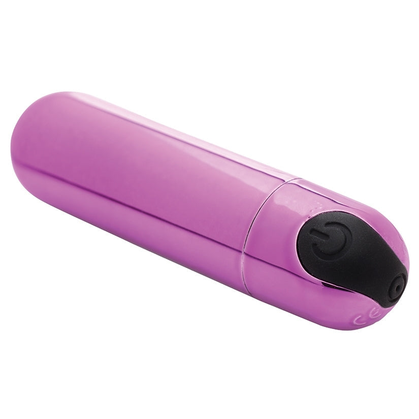 Purple flashlight with black switch on a white background