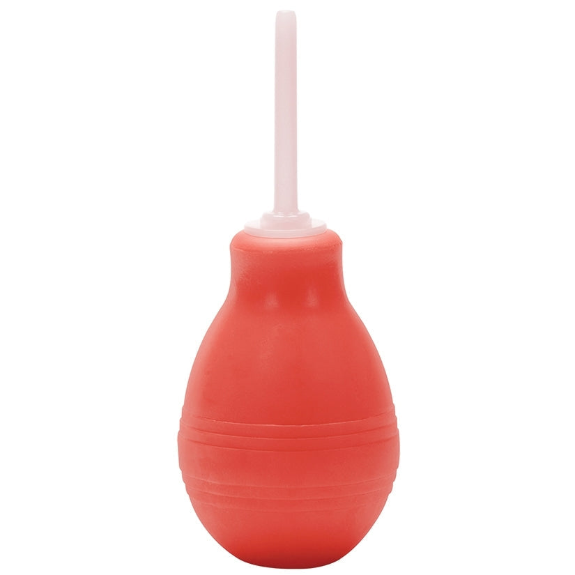 Red rubber duck with a white straw on a white background