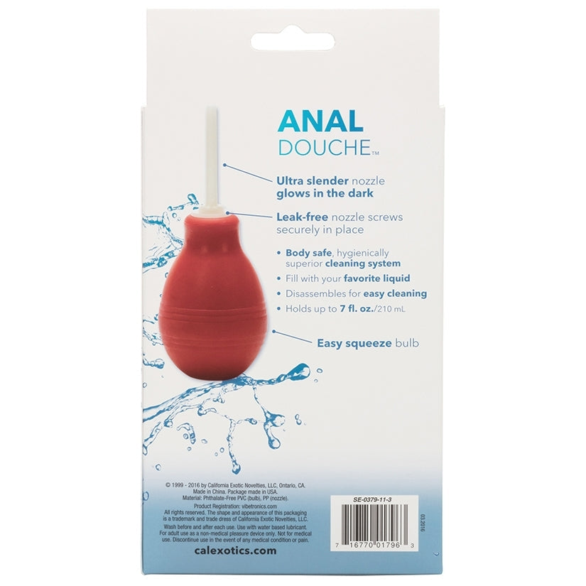 Red anal douche packaging with water graphics on a white background