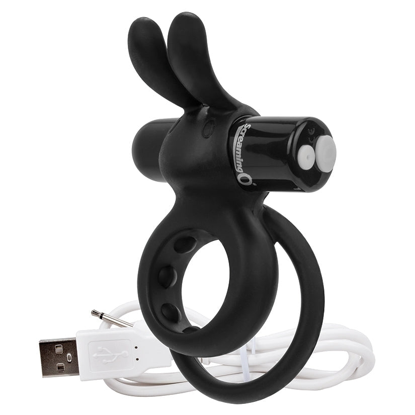 Black electronic device with USB cable on a white background
