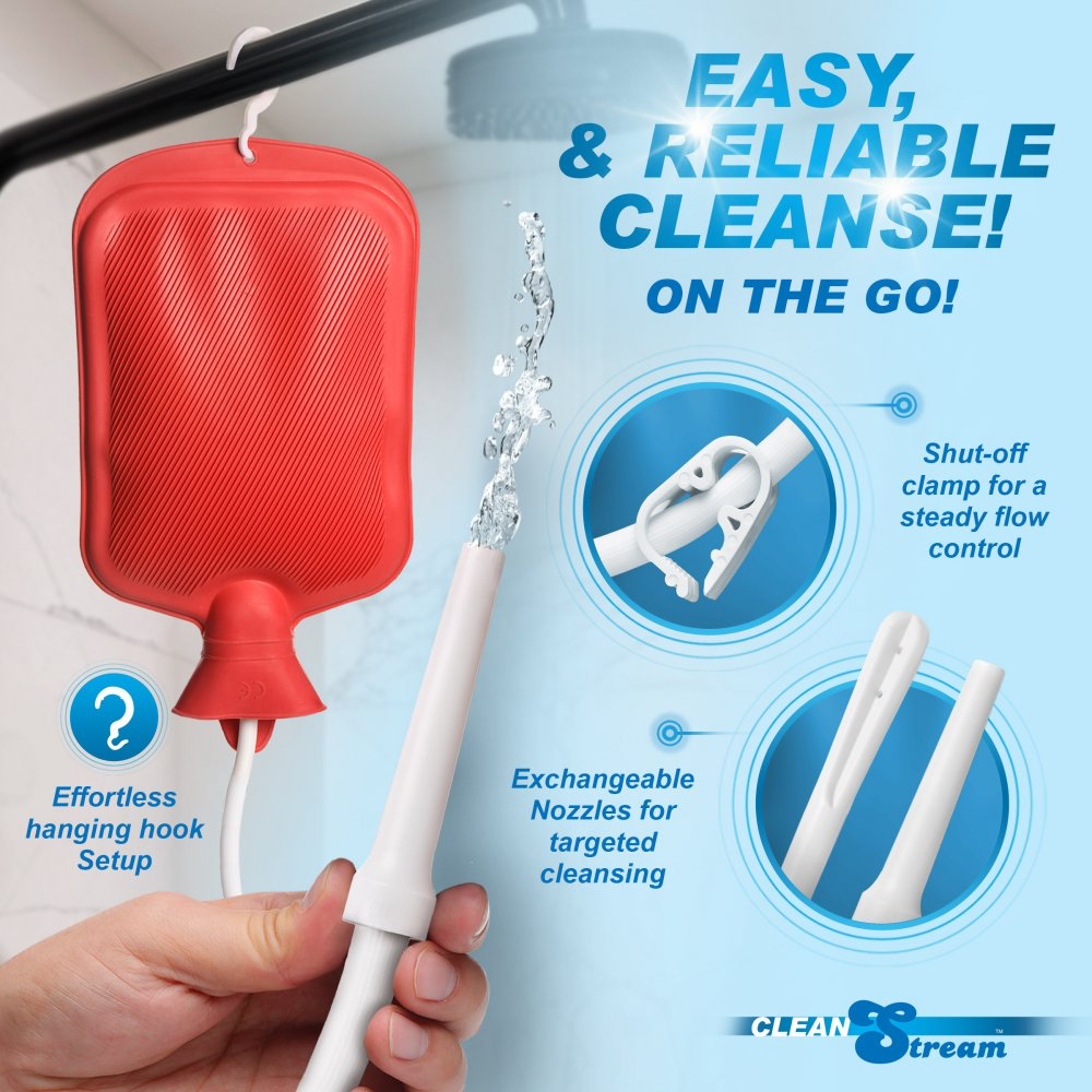 A handheld cleaning nozzle with a red flexible pouch attachment and white wand, shown in a promotional graphic with text callouts and inset diagrams on a light blue background.