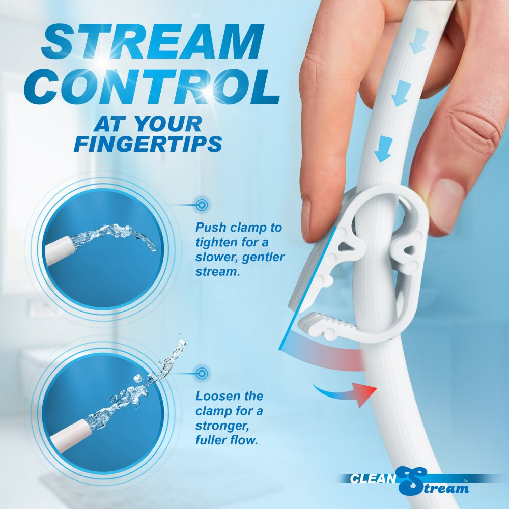 Innovative water stream control device with text explaining its use on a blue background.
