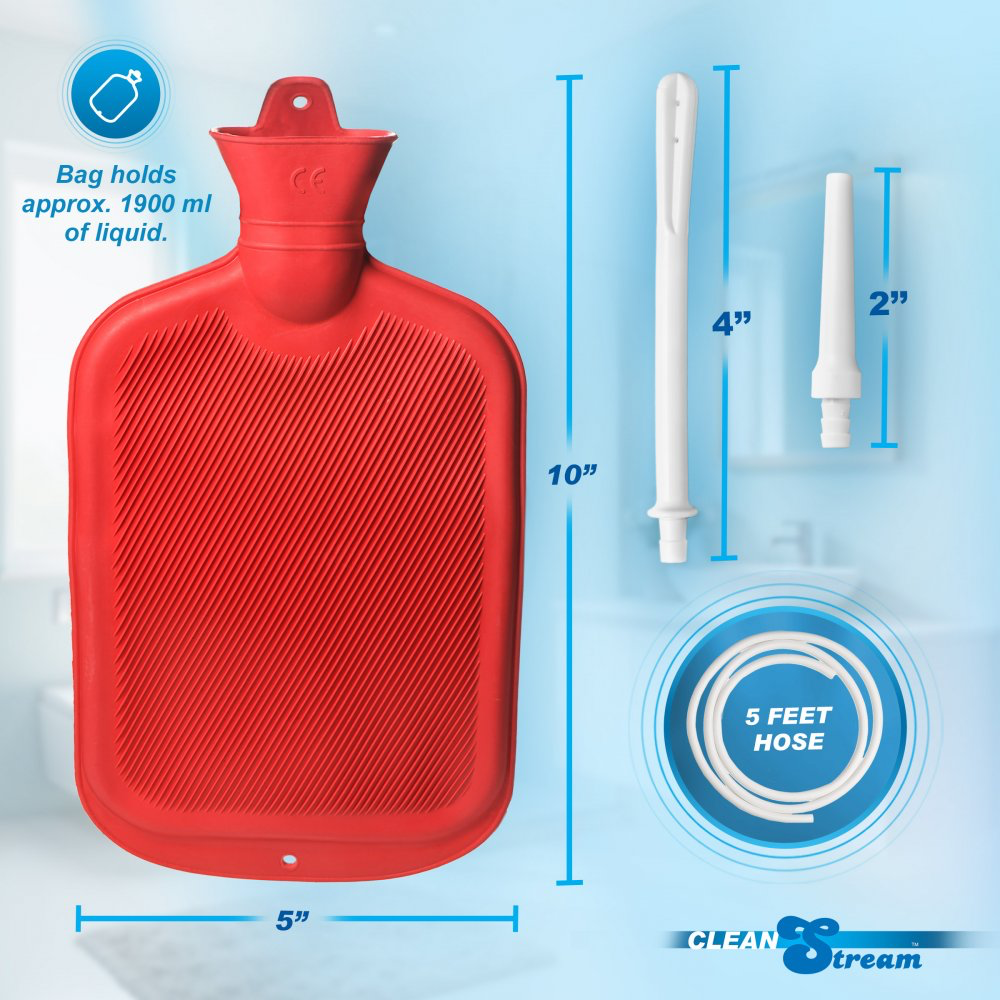 Red hot water bottle with measurements and hose details on a blue background