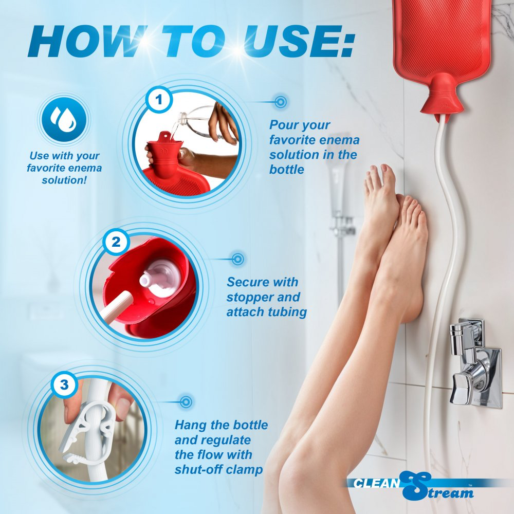 An instructional graphic showing how to use a red enema bottle and tubing in a bathroom setting, with three numbered steps on the left and a person's legs visible holding the product on the right. The graphic includes the text 'HOW TO USE:' and a Stream logo at the bottom.