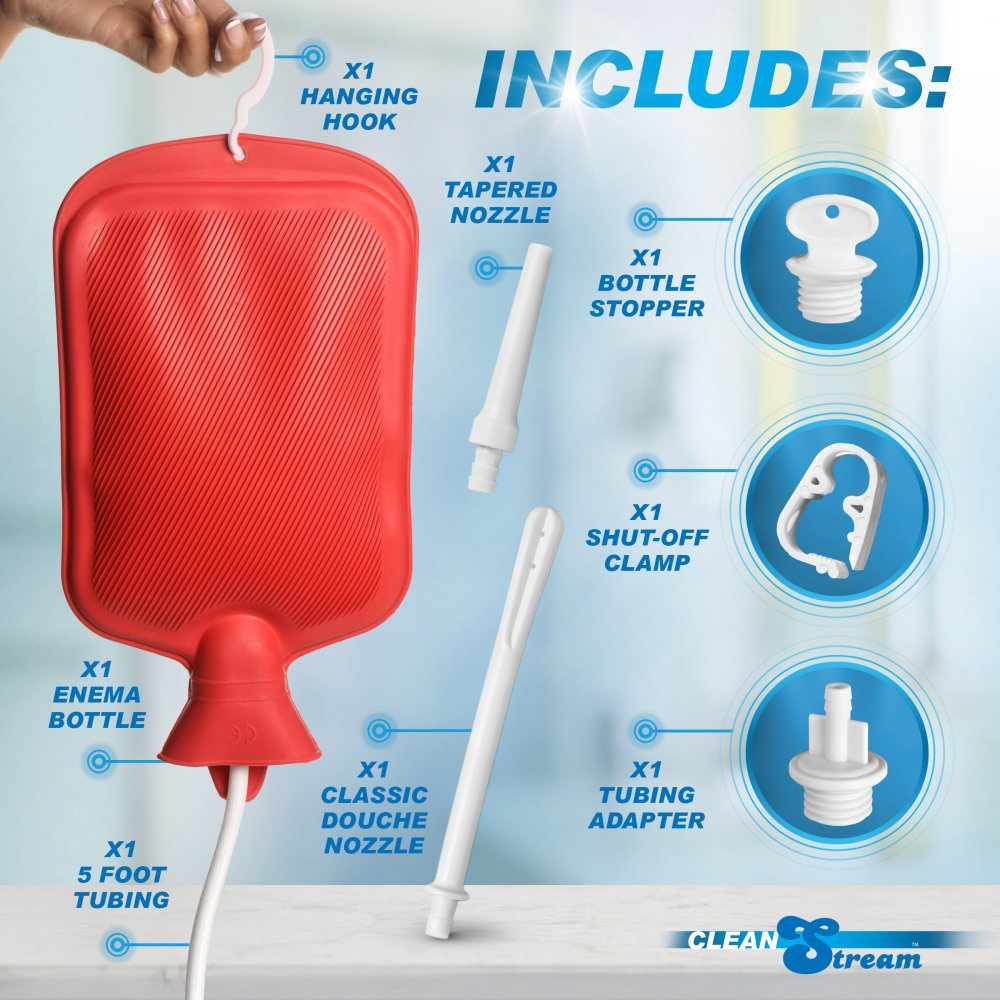 Red enema bag with components labeled on a light blue background