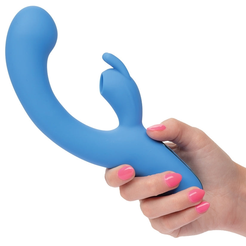 Blue silicone sheath held by a hand with pink nail polish on a white background