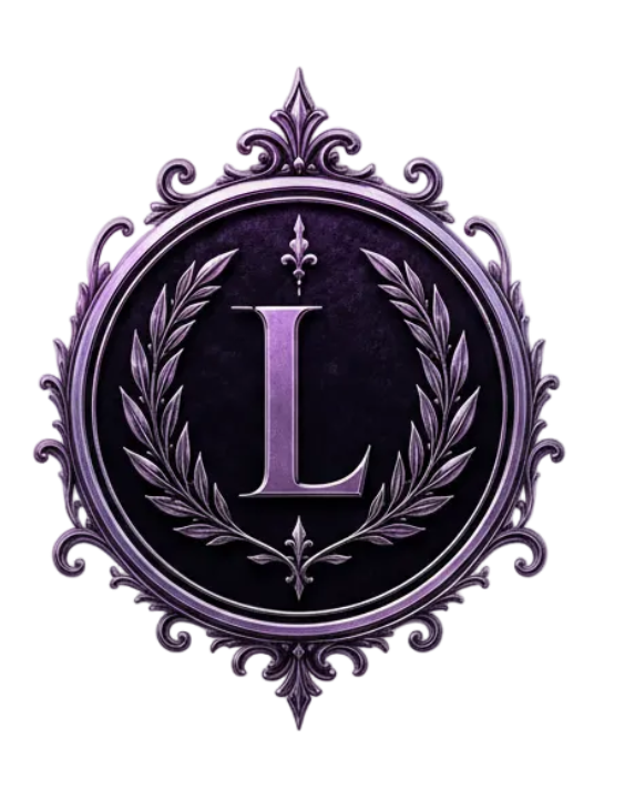 An ornate circular emblem featuring a large metallic purple letter 'L' centered within a laurel wreath, set against a dark background with a decorative scrollwork border, isolated on a white background.