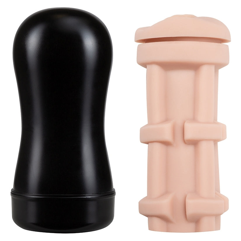 Black and beige cylindrical containers on a white background