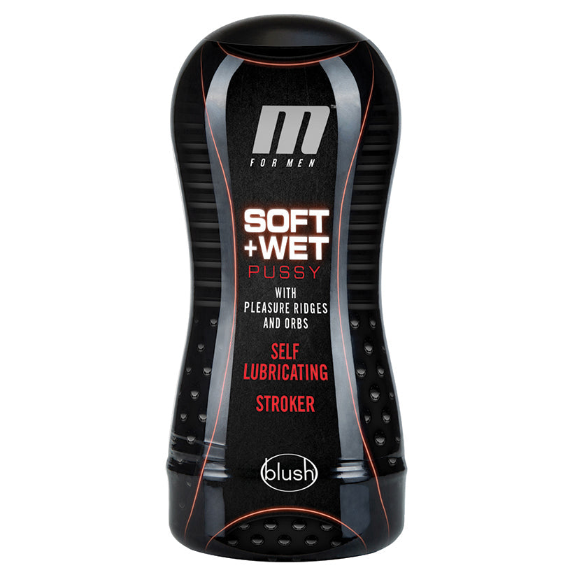 Black and red self-lubricating stroker with branding on a white background