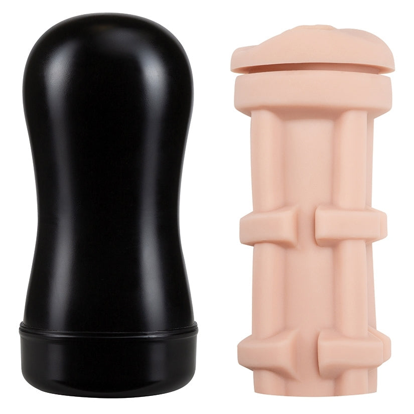 Black and beige cylindrical containers on a white background