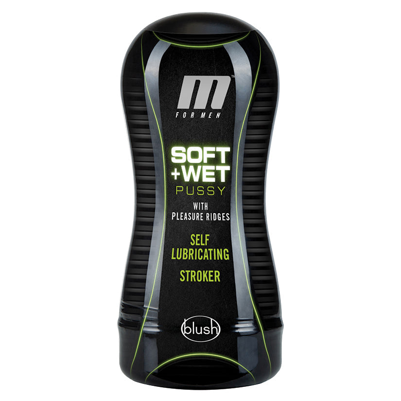 Black and green self-lubricating stroker with branding on a white background