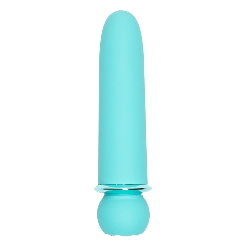 Turquoise silicone bullet vibrator on a white background