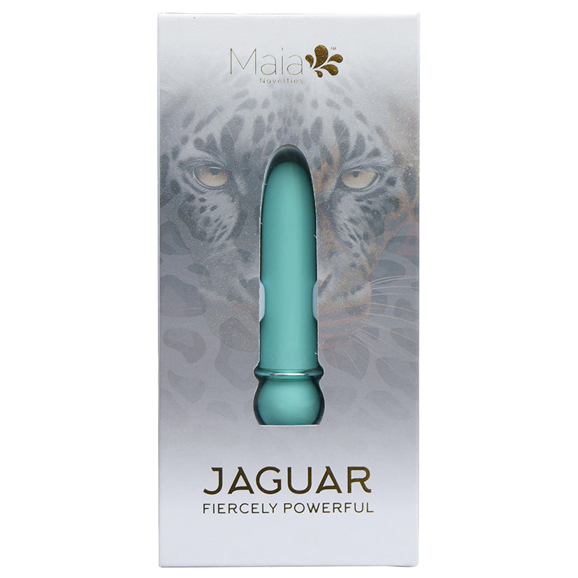Teal product in a box with a leopard design and 'Maia' branding