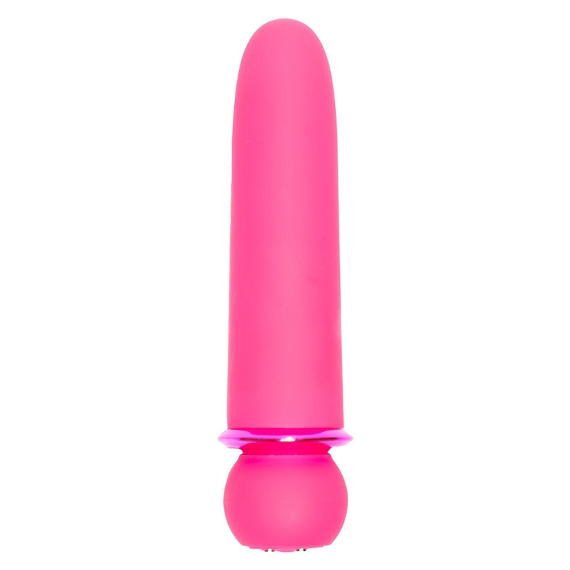 Pink silicone bullet vibrator on a white background