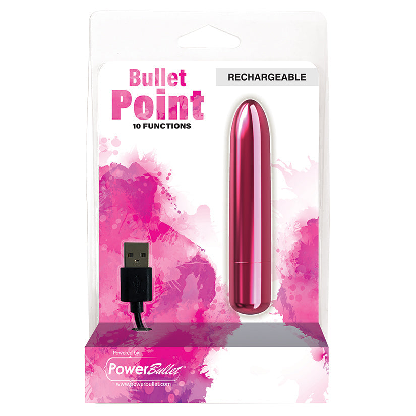 Packaged 'Bullet Point' rechargeable device with USB cable on a pink and white background
