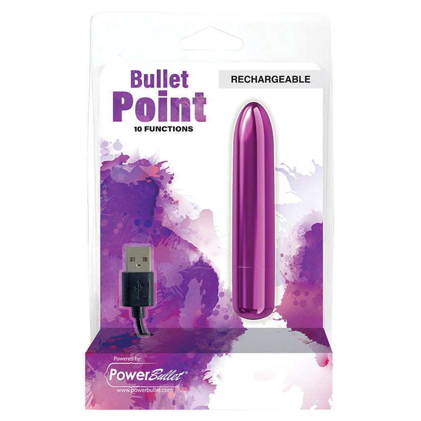 Packaged purple bullet point with USB cable on a white background