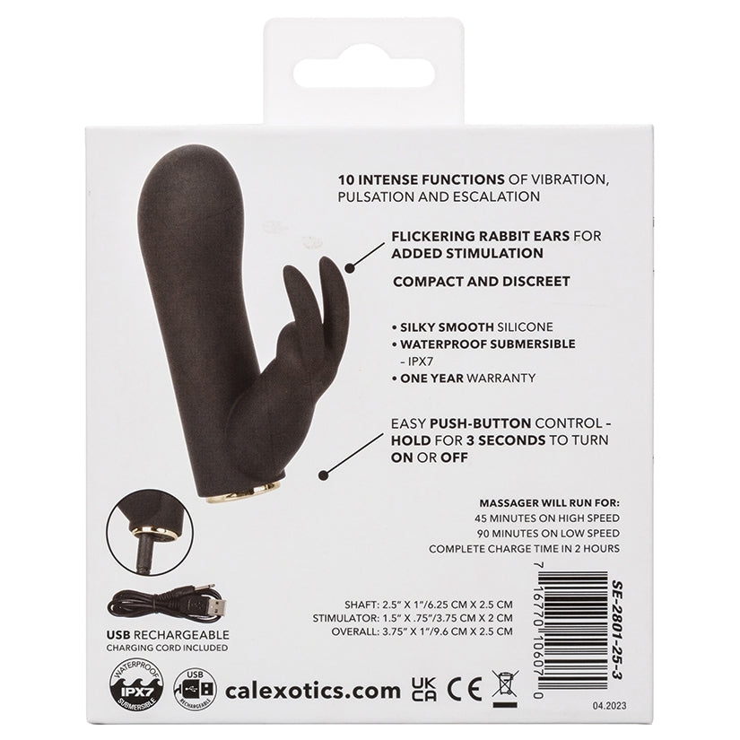 Product packaging of a black silicone massager with text on features and branding.